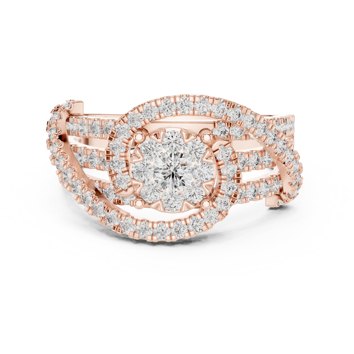 Cluster Halo Crossover Pavé Moissanite Ring in rose 925 sterling silver, view 4