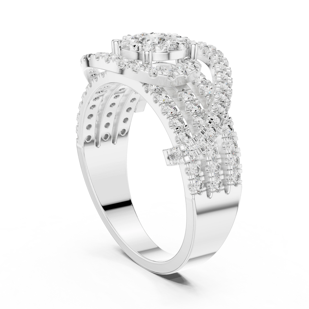 Cluster Halo Crossover Pavé Moissanite Ring in white 925 sterling silver, view 1