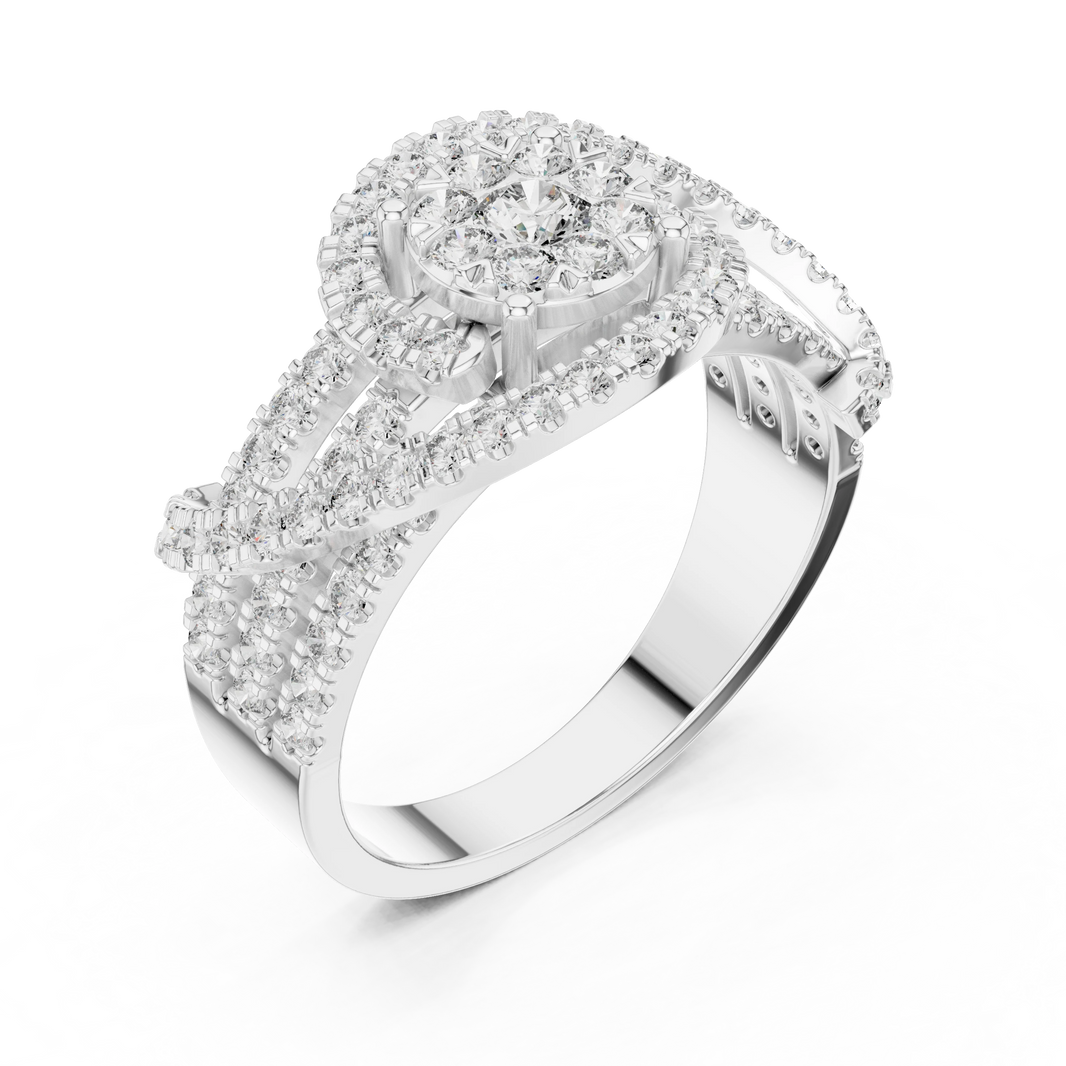 Cluster Halo Crossover Pavé Moissanite Ring in white 925 sterling silver, view 2