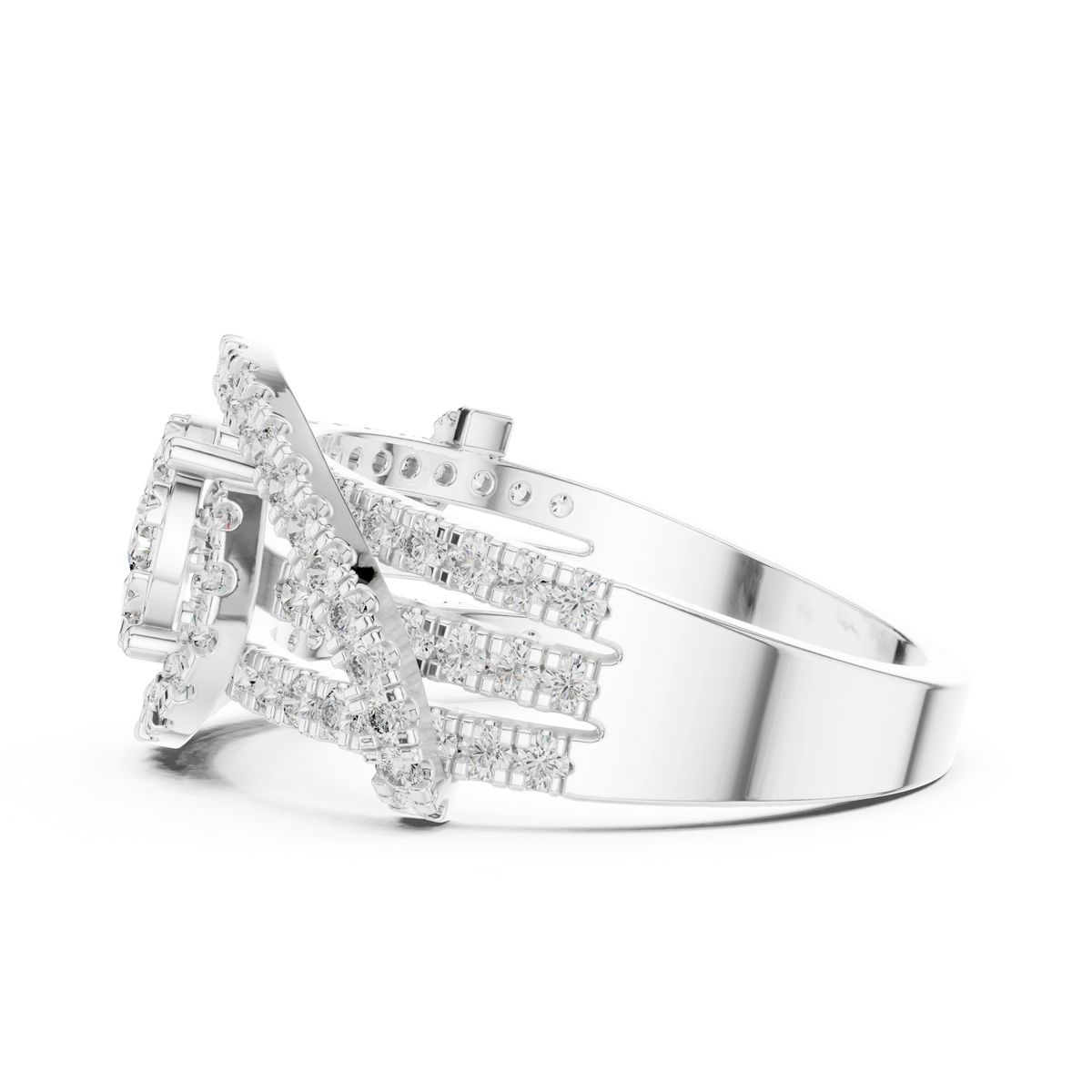 Cluster Halo Crossover Pavé Moissanite Ring in white 925 sterling silver, view 3