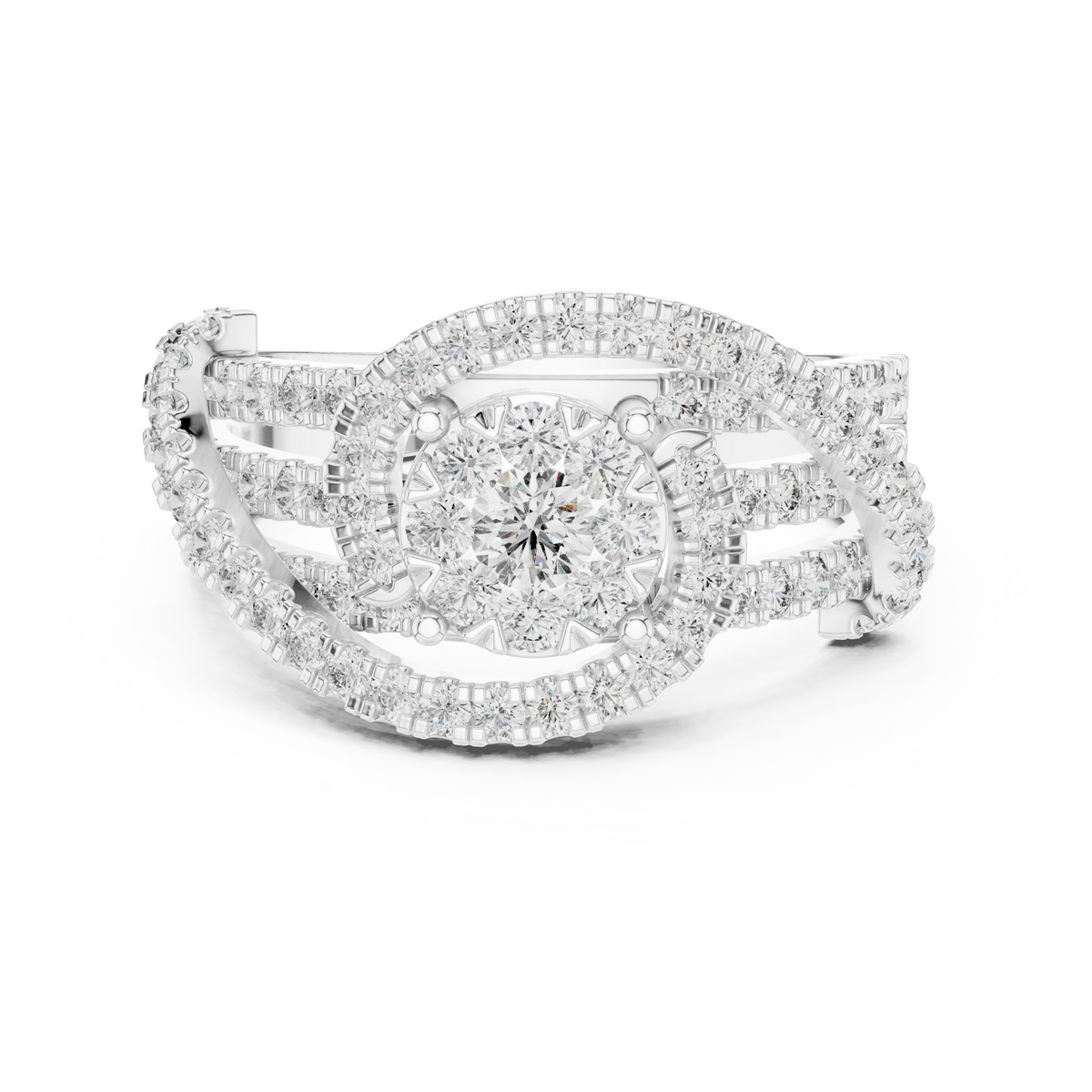 Cluster Halo Crossover Pavé Moissanite Ring in white 925 sterling silver, view 4