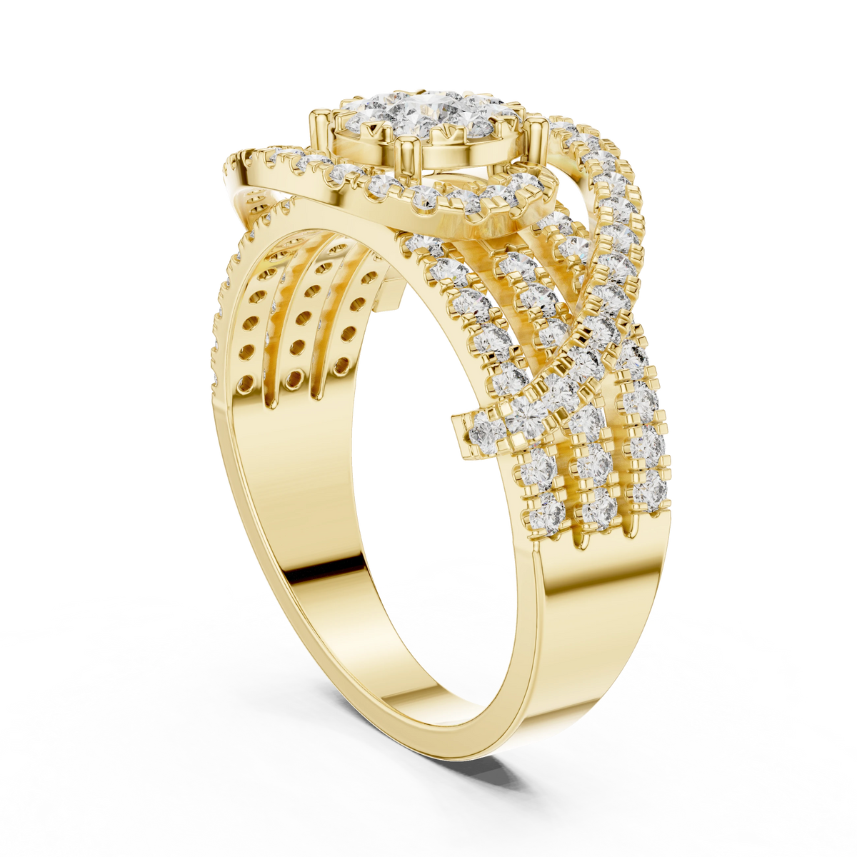 Cluster Halo Crossover Pavé Moissanite Ring in yellow 925 sterling silver, view 1