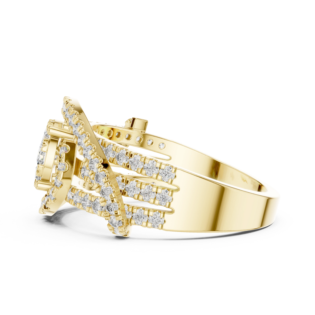 Cluster Halo Crossover Pavé Moissanite Ring in yellow 925 sterling silver, view 3