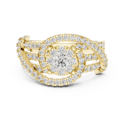 Cluster Halo Crossover Pavé Moissanite Ring in yellow 925 sterling silver, view 4