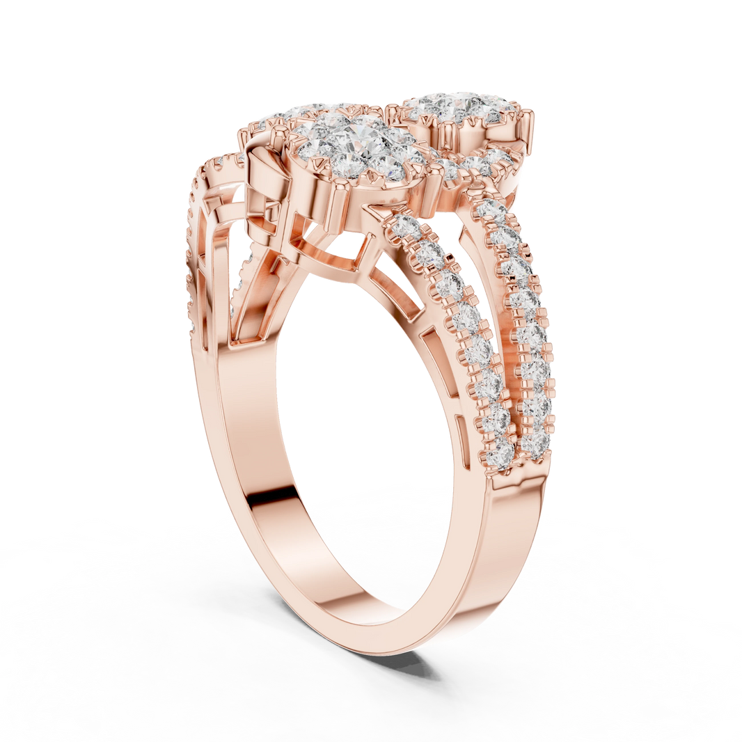 Diagonal Three Cluster Split Shank Moissanite Ring in rose 925 sterling silver, view 1