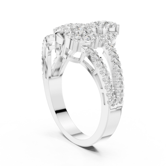 Diagonal Three Cluster Split Shank Moissanite Ring in white 925 sterling silver, view 1