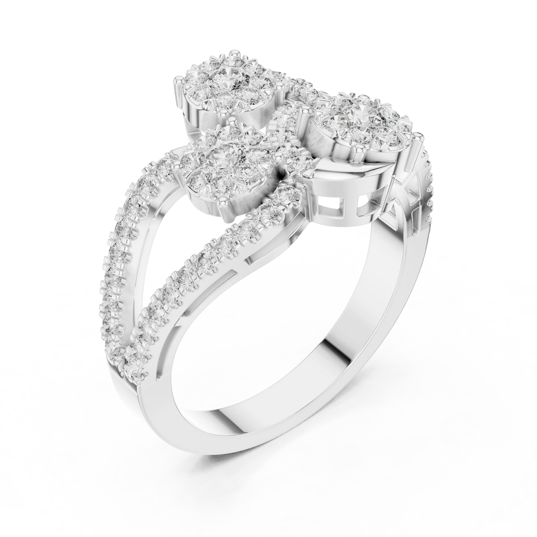 Diagonal Three Cluster Split Shank Moissanite Ring in white 925 sterling silver, view 2