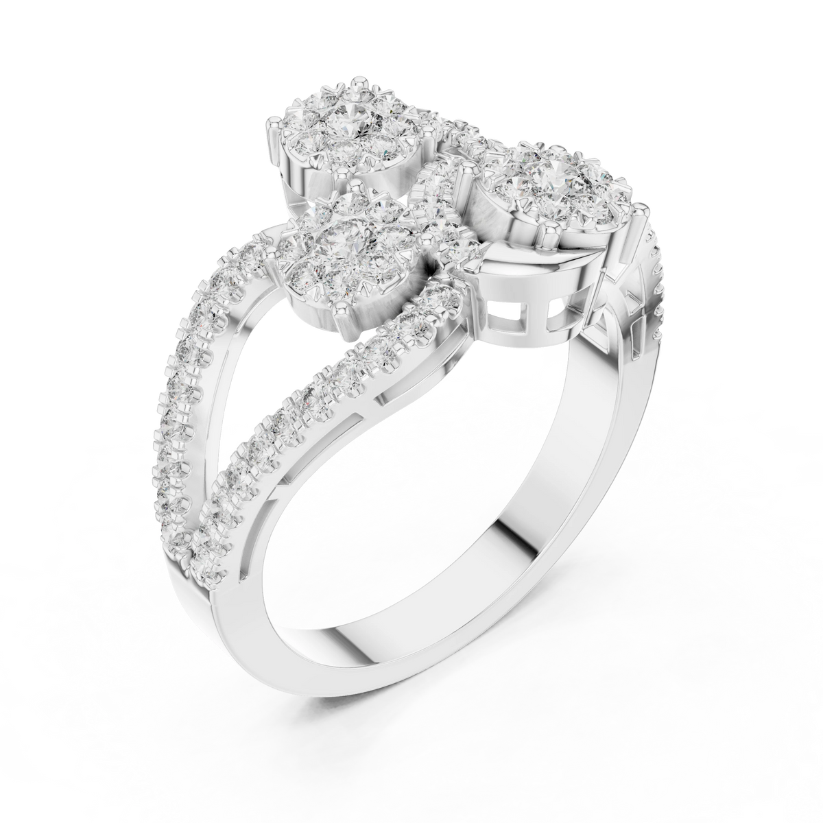 Diagonal Three Cluster Split Shank Moissanite Ring in white 925 sterling silver, view 2