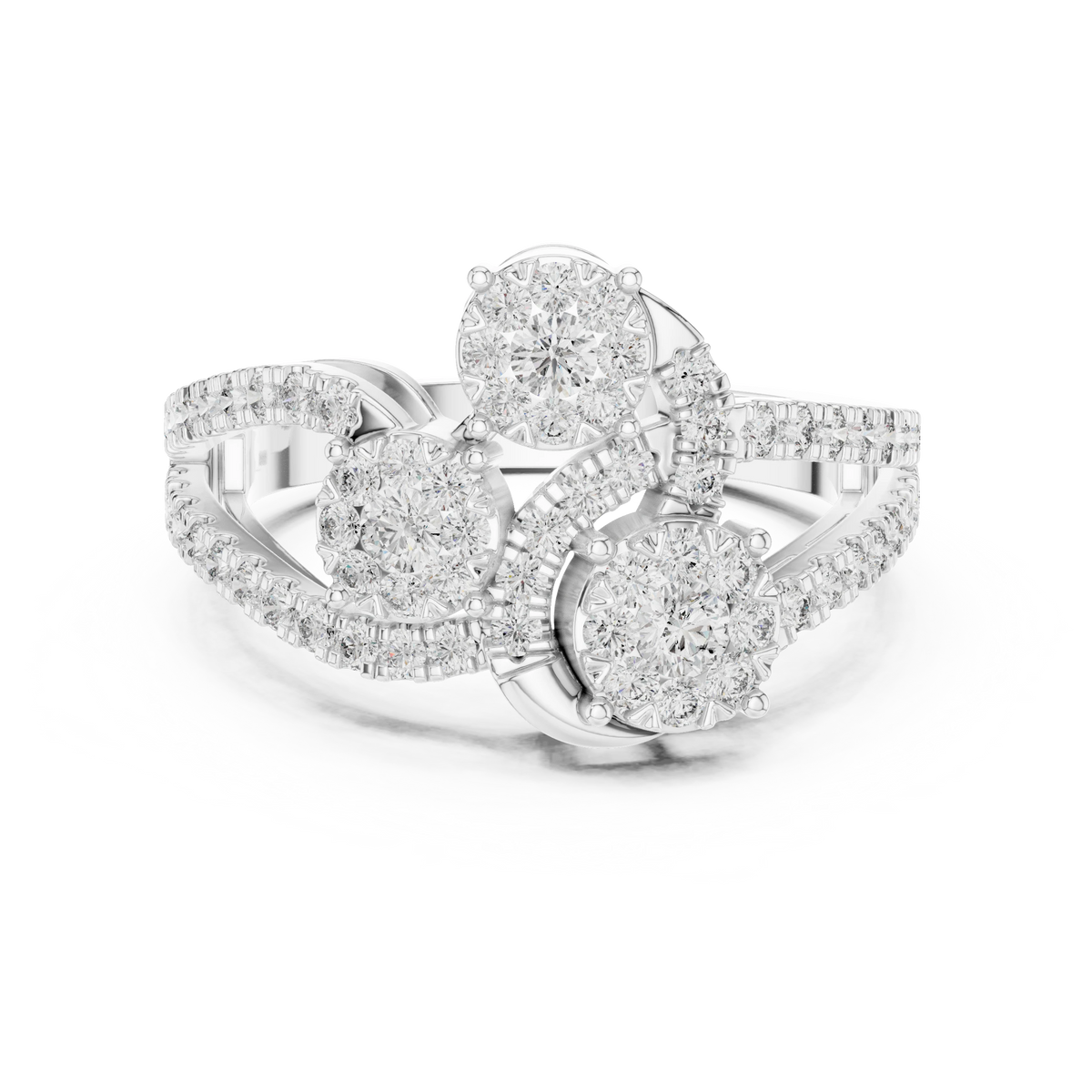 Diagonal Three Cluster Split Shank Moissanite Ring in white 925 sterling silver, view 4