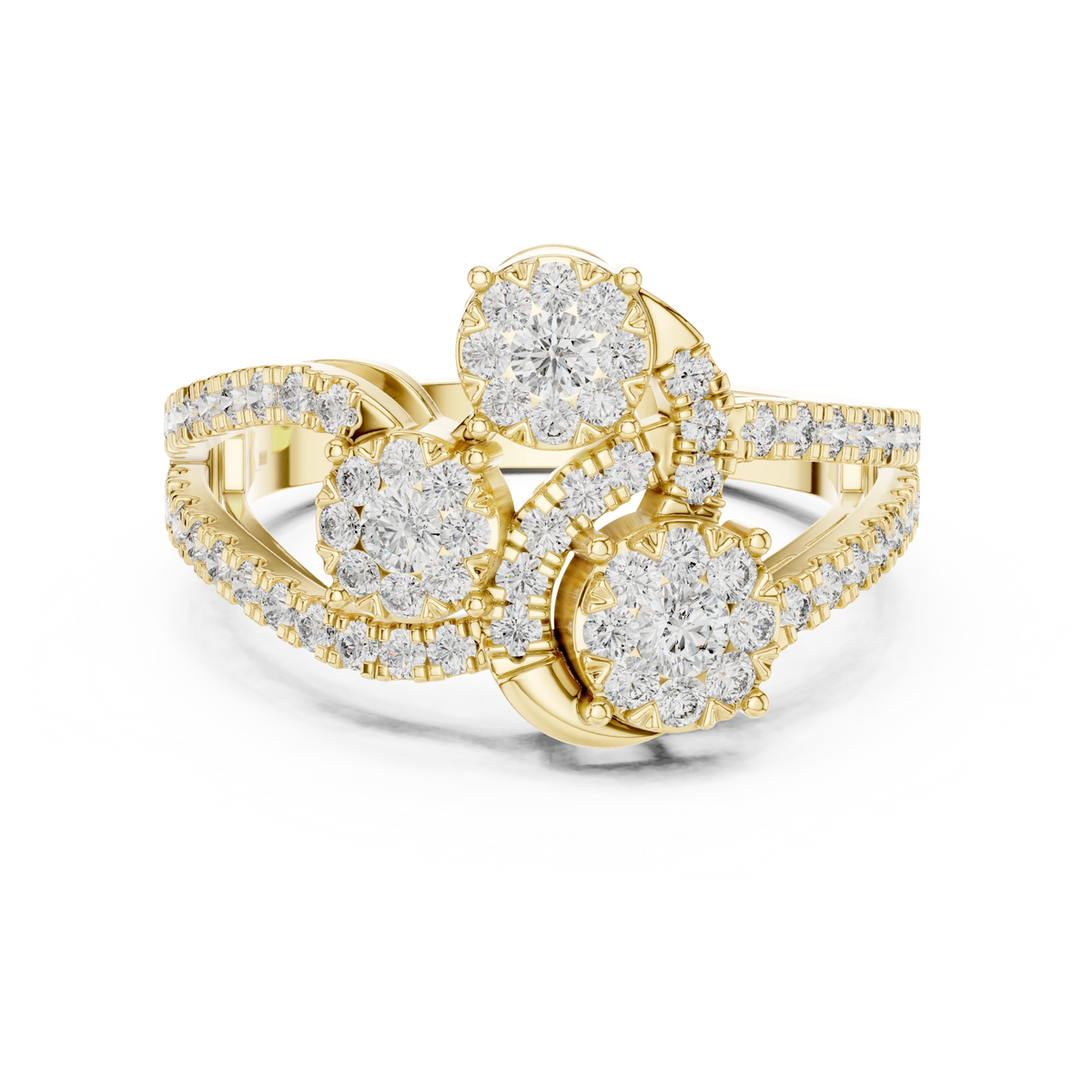 Diagonal Three Cluster Split Shank Moissanite Ring in yellow 925 sterling silver, view 4