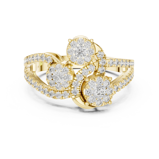 Diagonal Three Cluster Split Shank Moissanite Ring in yellow 925 sterling silver, view 4