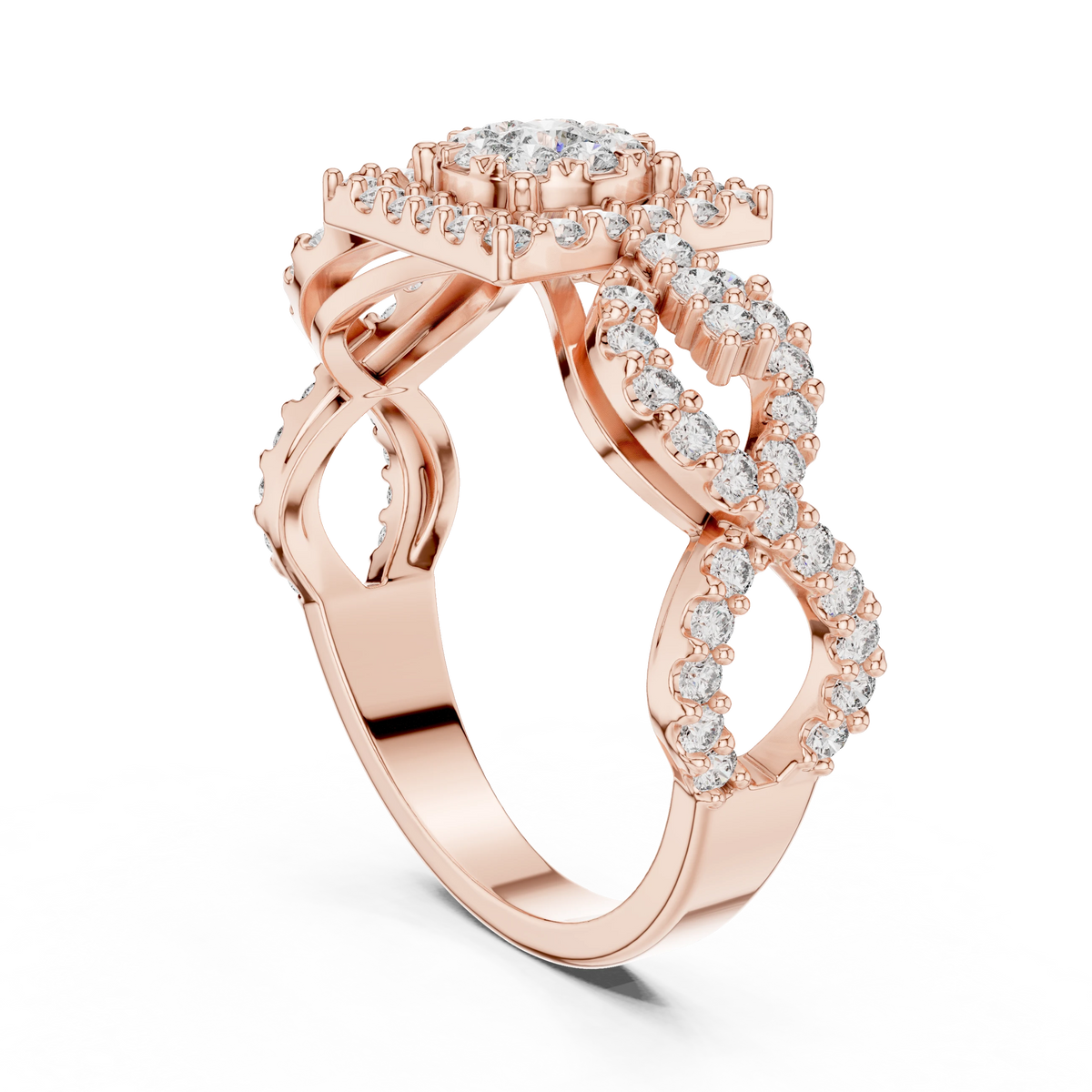 Square Halo Cluster Infinity Twist Moissanite Ring in rose 925 sterling silver, view 1