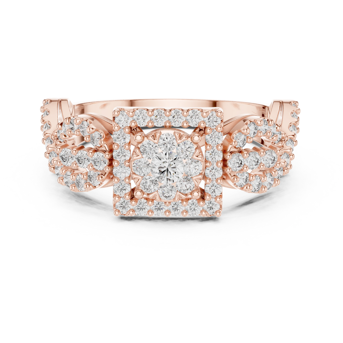Square Halo Cluster Infinity Twist Moissanite Ring in rose 925 sterling silver, view 4