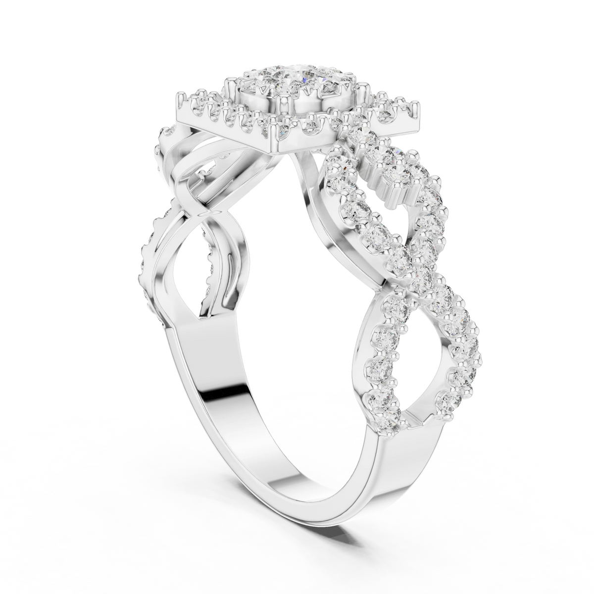 Square Halo Cluster Infinity Twist Moissanite Ring in white 925 sterling silver, view 1