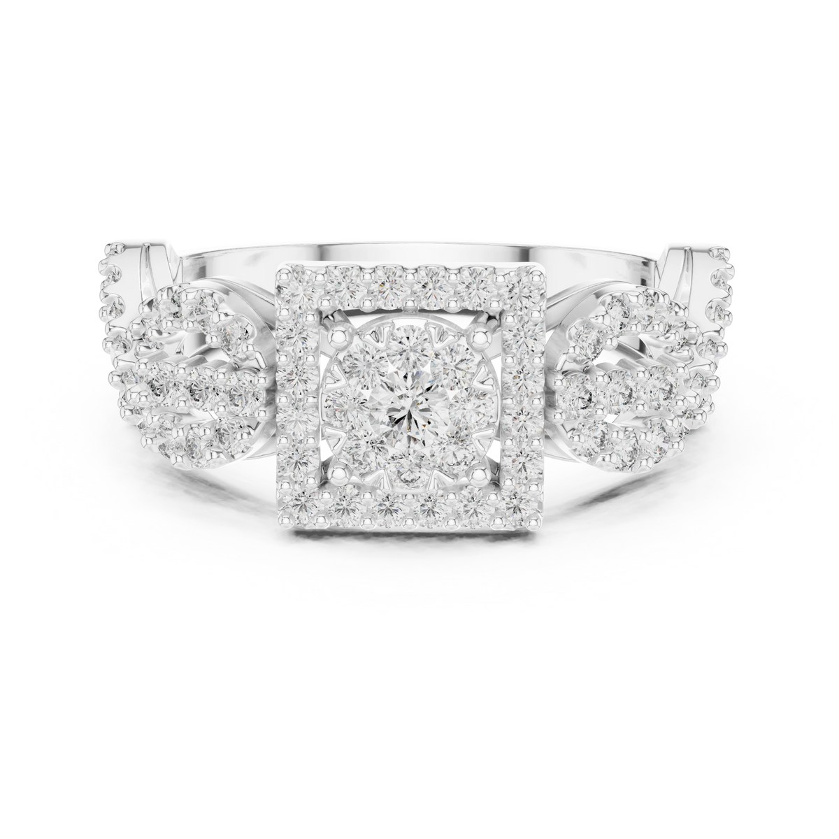 Square Halo Cluster Infinity Twist Moissanite Ring in white 925 sterling silver, view 4