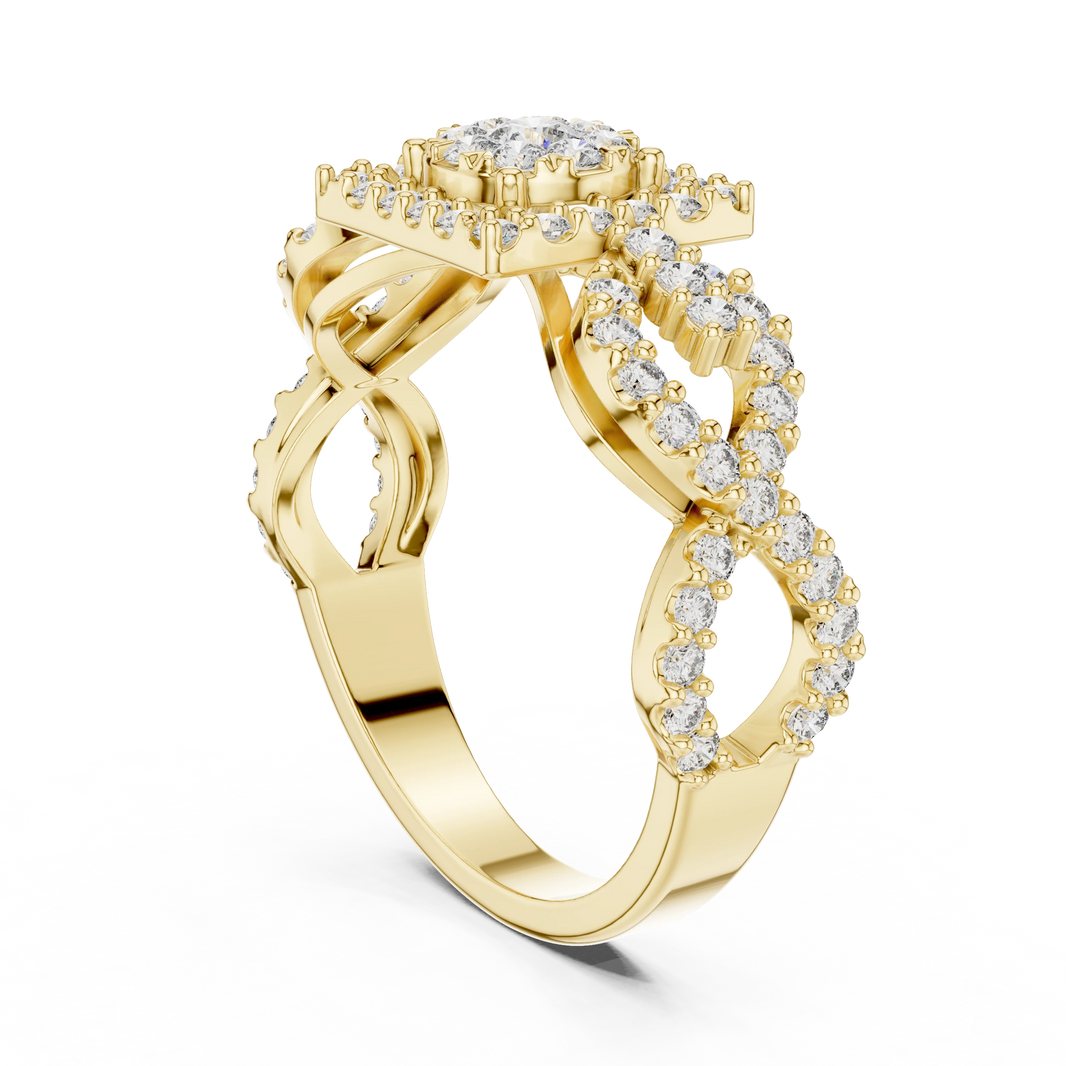 Square Halo Cluster Infinity Twist Moissanite Ring in yellow 925 sterling silver, view 1