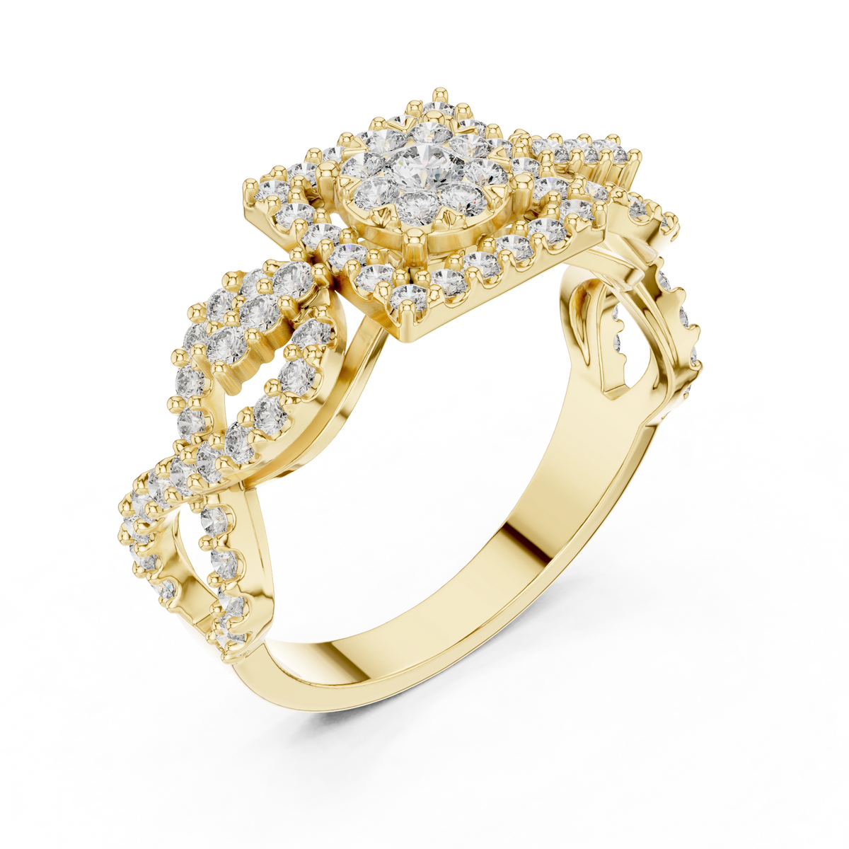 Square Halo Cluster Infinity Twist Moissanite Ring in yellow 925 sterling silver, view 2