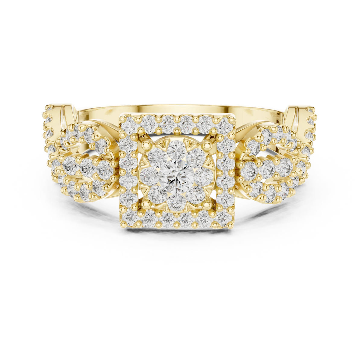 Square Halo Cluster Infinity Twist Moissanite Ring in yellow 925 sterling silver, view 4