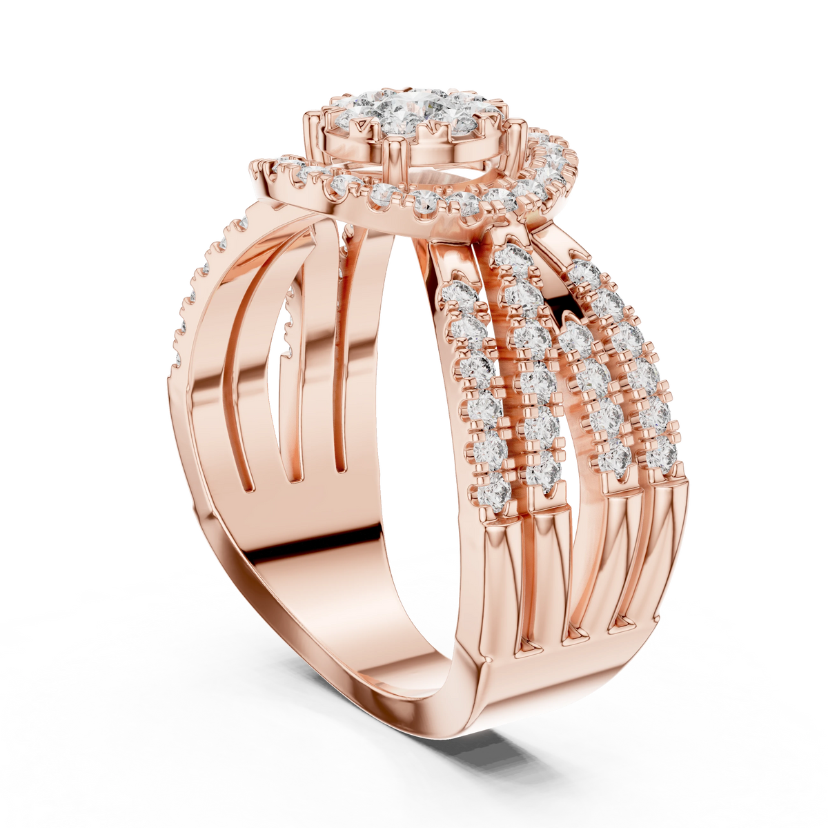 Cluster Halo Wide Crossover Moissanite Ring in rose 925 sterling silver, view 1