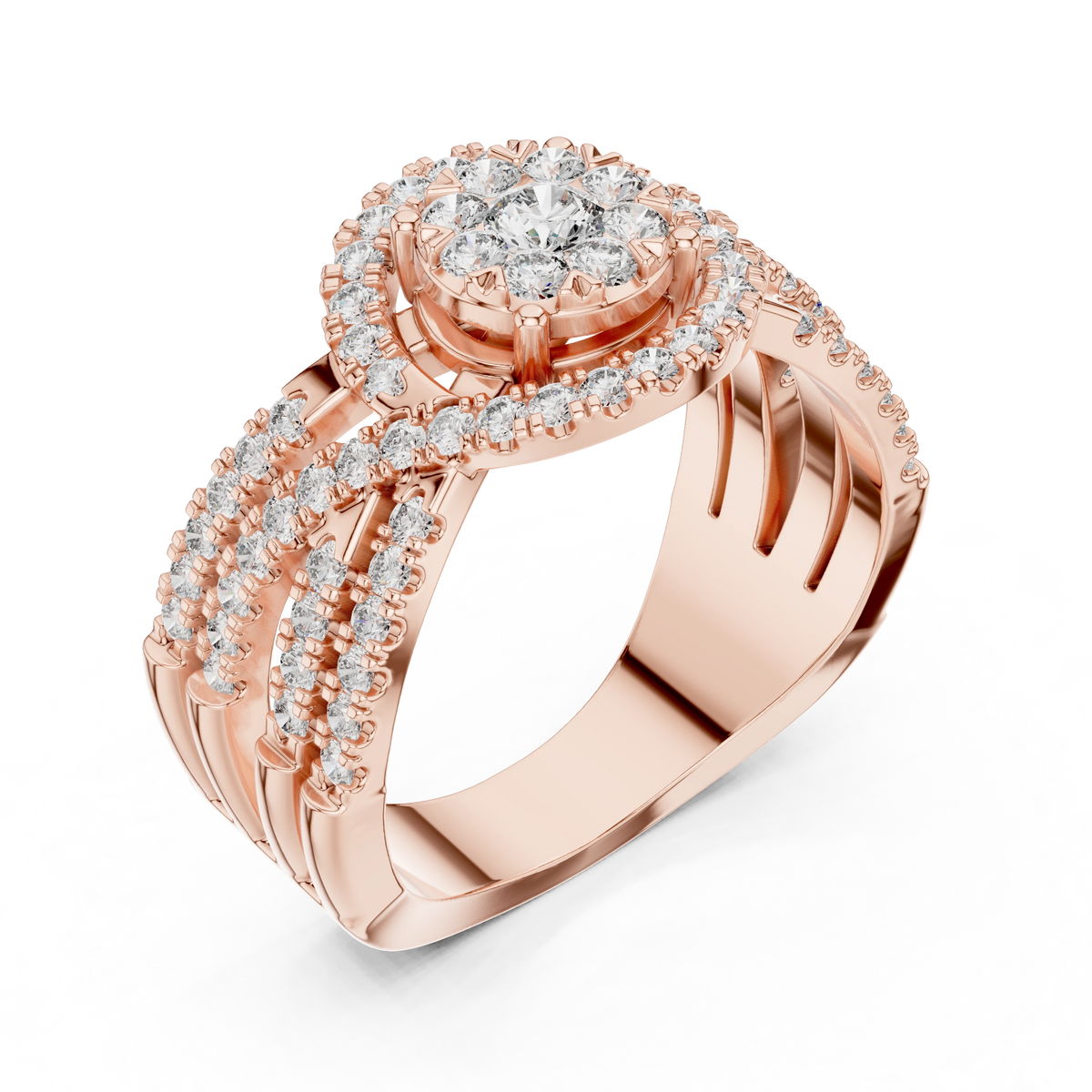 Cluster Halo Wide Crossover Moissanite Ring in rose 925 sterling silver, view 2