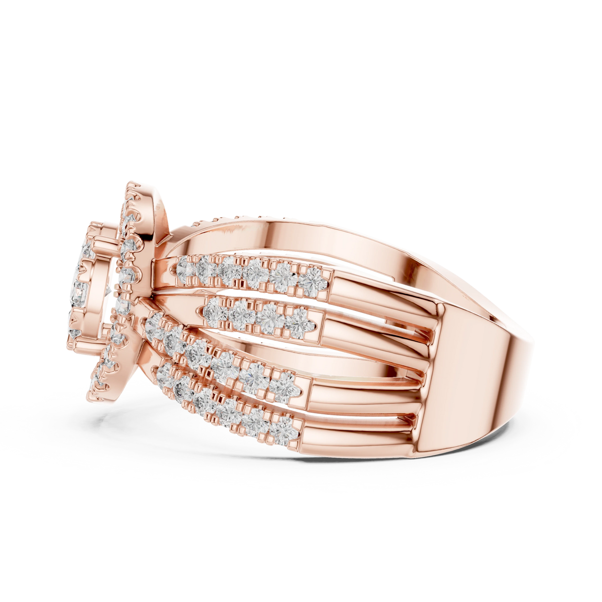 Cluster Halo Wide Crossover Moissanite Ring in rose 925 sterling silver, view 3