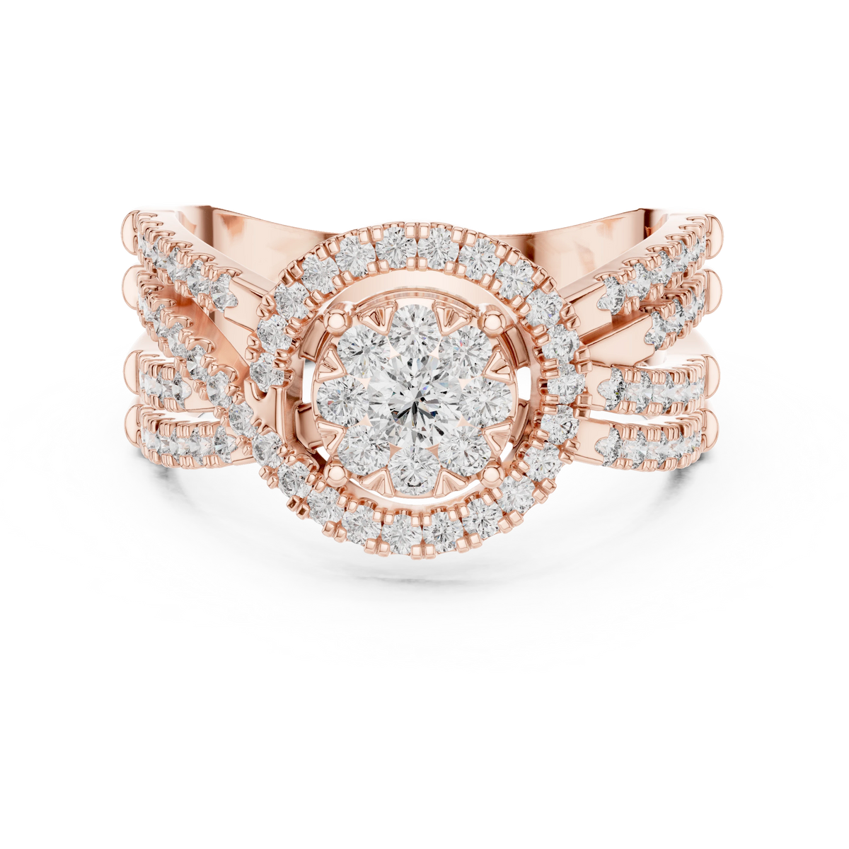 Cluster Halo Wide Crossover Moissanite Ring in rose 925 sterling silver, view 4