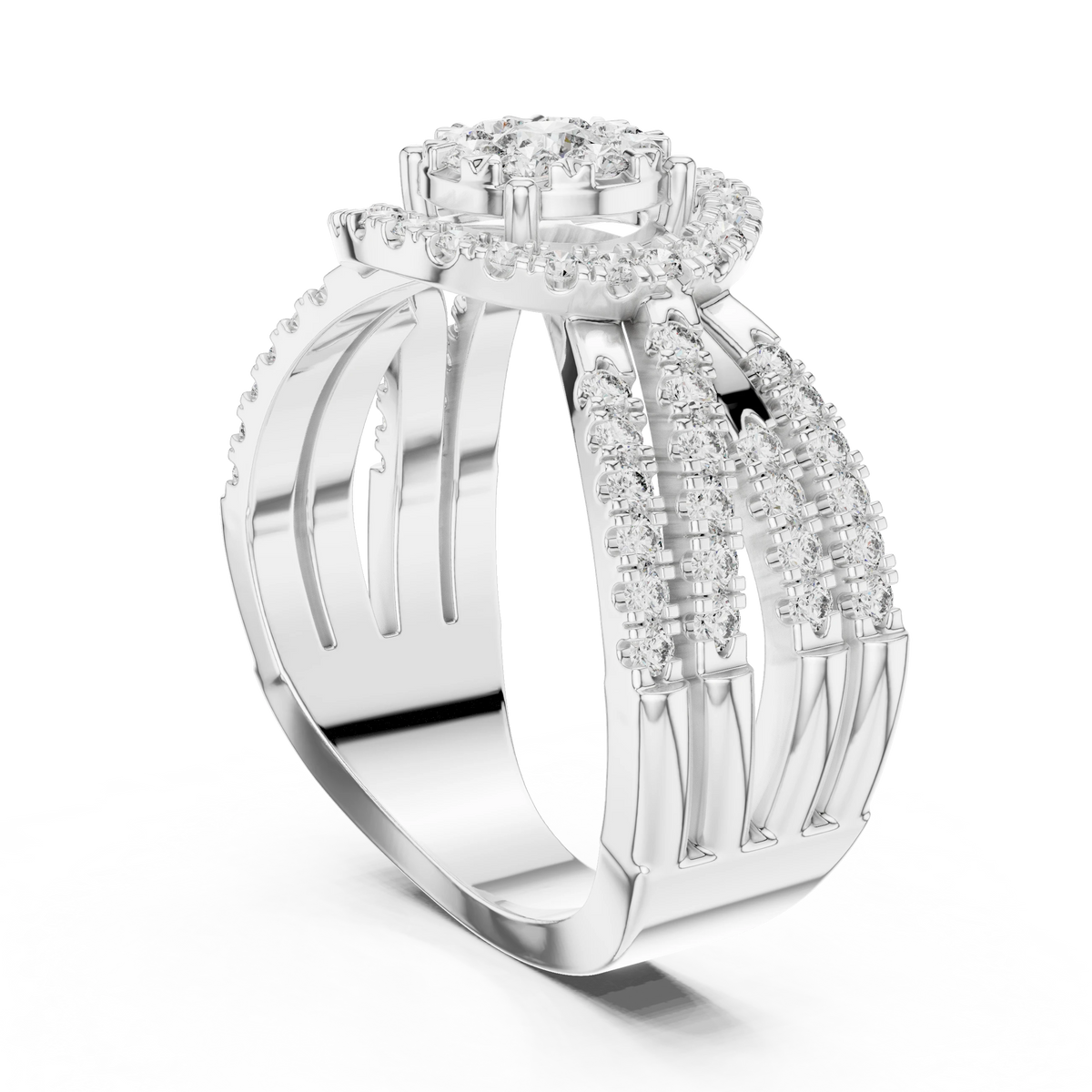 Cluster Halo Wide Crossover Moissanite Ring in white 925 sterling silver, view 1