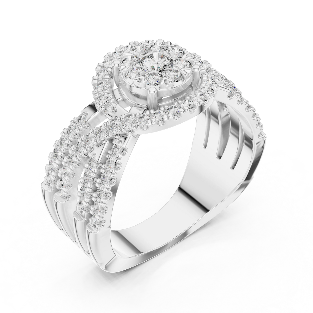 Cluster Halo Wide Crossover Moissanite Ring in white 925 sterling silver, view 2