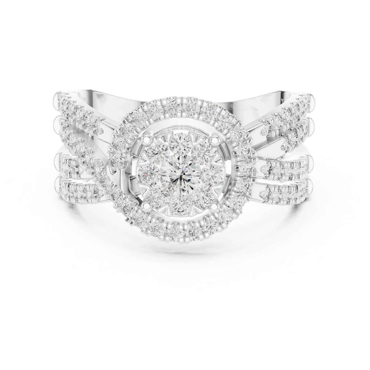 Cluster Halo Wide Crossover Moissanite Ring in white 925 sterling silver, view 4
