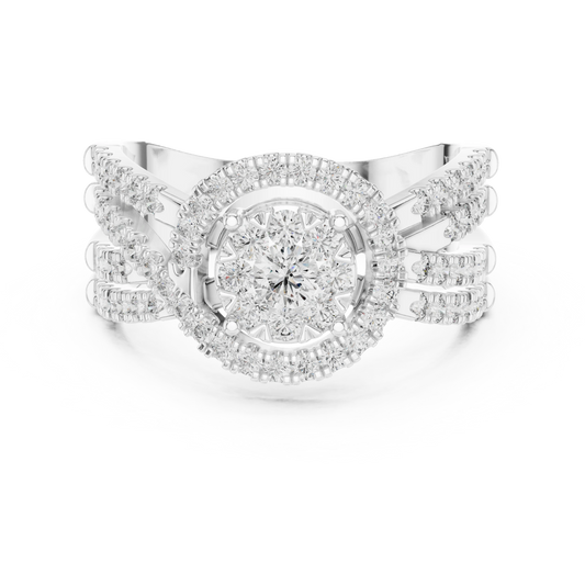 Cluster Halo Wide Crossover Moissanite Ring in white 925 sterling silver, view 4