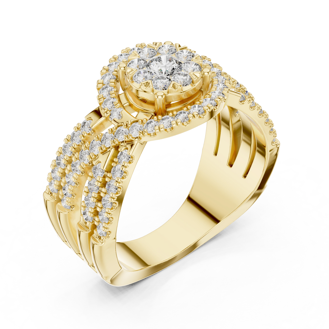 Cluster Halo Wide Crossover Moissanite Ring in yellow 925 sterling silver, view 2