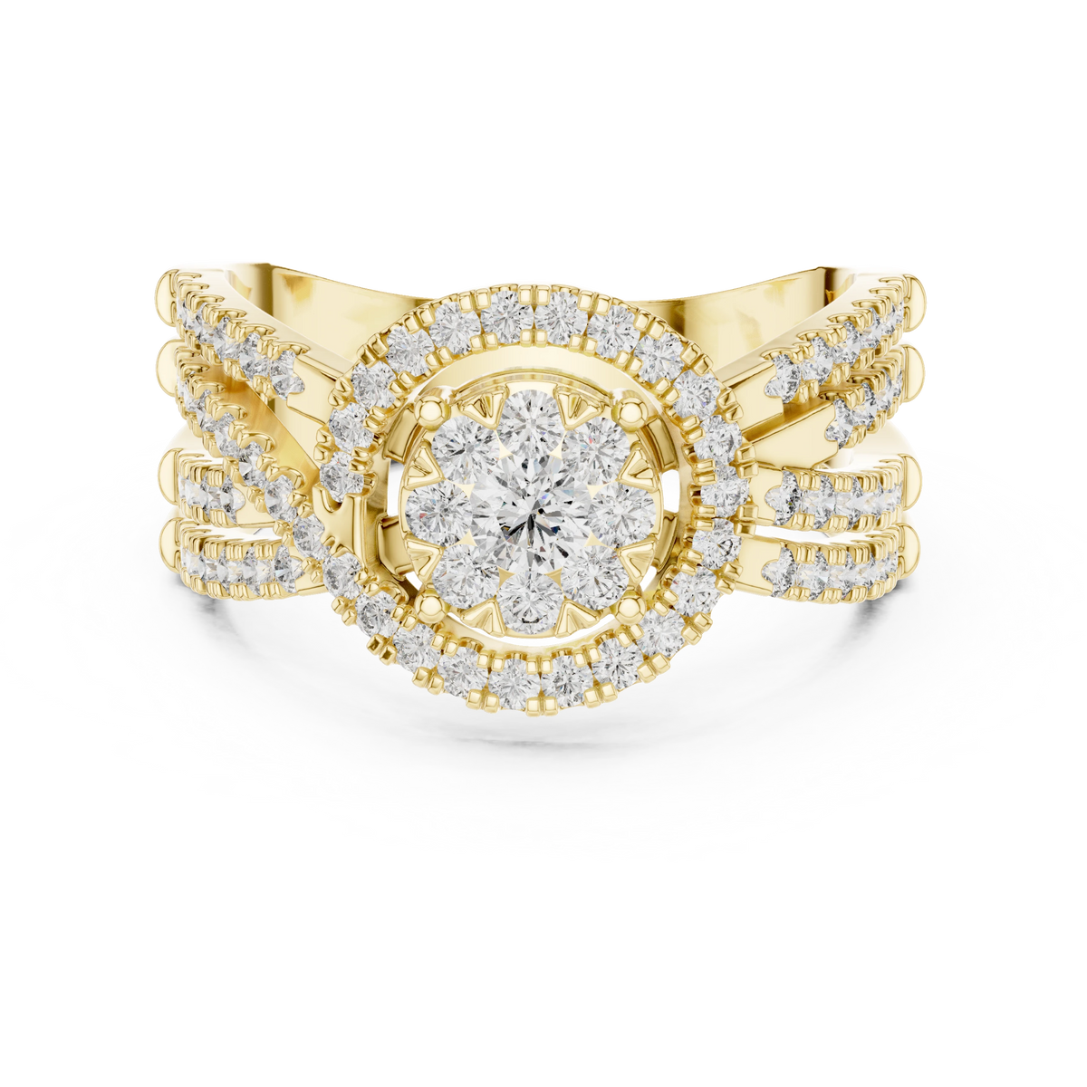 Cluster Halo Wide Crossover Moissanite Ring in yellow 925 sterling silver, view 4