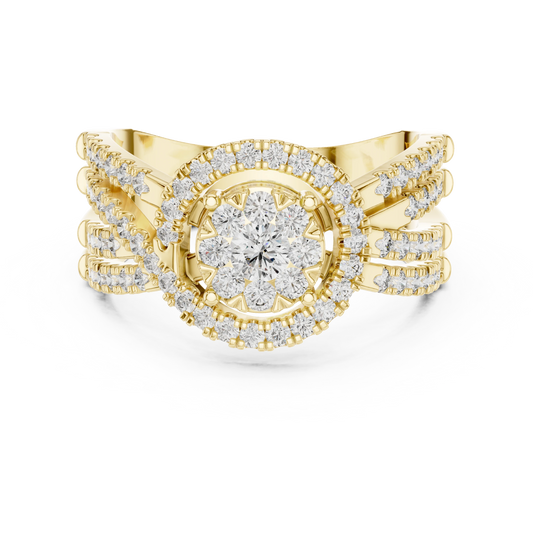 Cluster Halo Wide Crossover Moissanite Ring in yellow 925 sterling silver, view 4