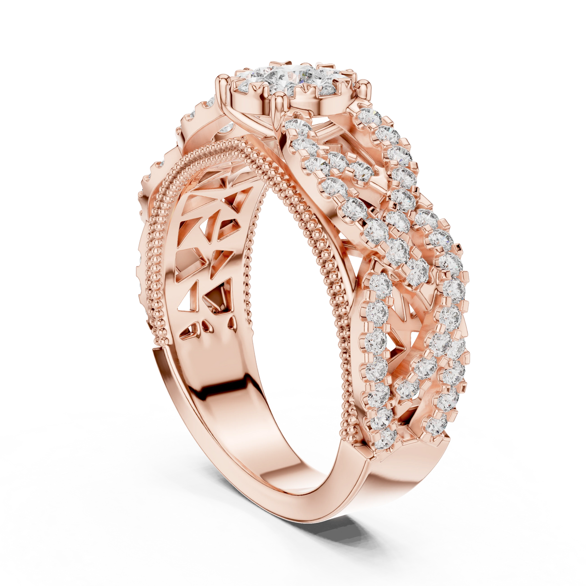Wide Openwork Lattice Cluster Moissanite Ring in rose 925 sterling silver, view 1