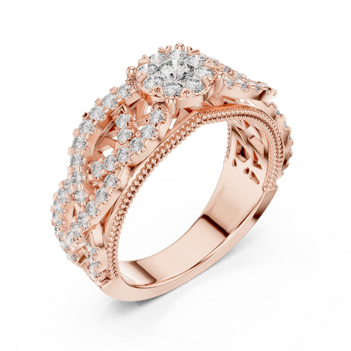 Wide Openwork Lattice Cluster Moissanite Ring in rose 925 sterling silver, view 2