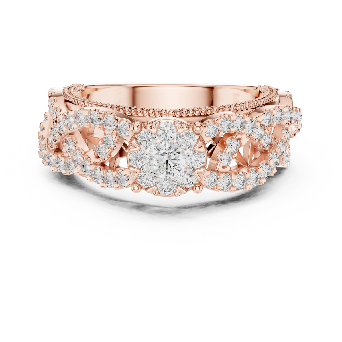 Wide Openwork Lattice Cluster Moissanite Ring in rose 925 sterling silver, view 4
