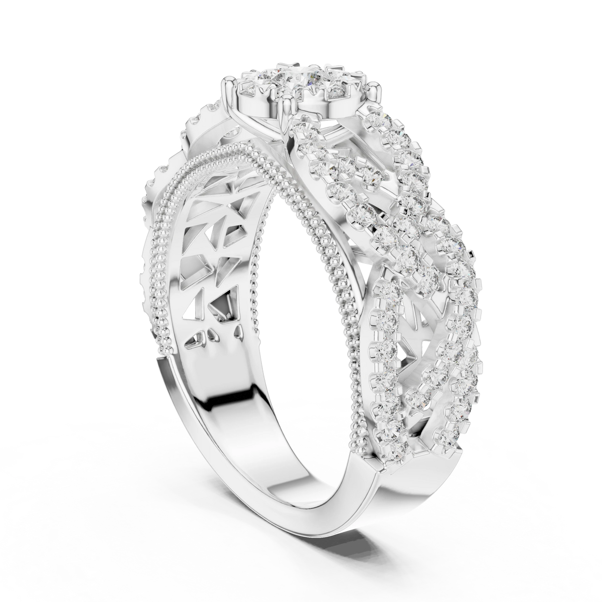 Wide Openwork Lattice Cluster Moissanite Ring in white 925 sterling silver, view 1