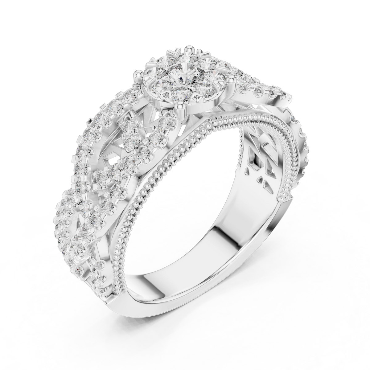 Wide Openwork Lattice Cluster Moissanite Ring in white 925 sterling silver, view 2