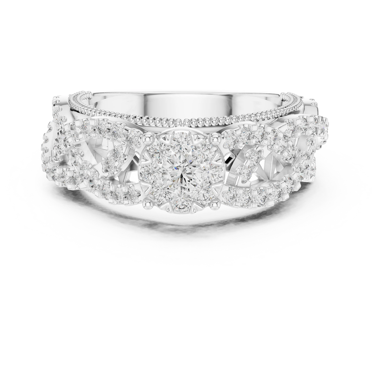 Wide Openwork Lattice Cluster Moissanite Ring in white 925 sterling silver, view 4
