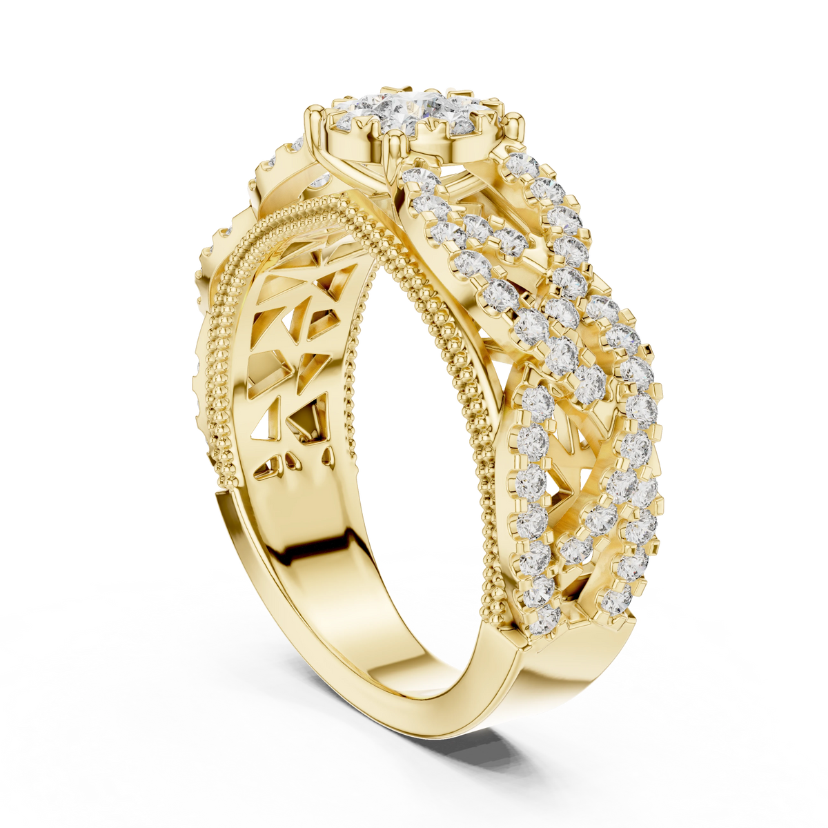 Wide Openwork Lattice Cluster Moissanite Ring in yellow 925 sterling silver, view 1