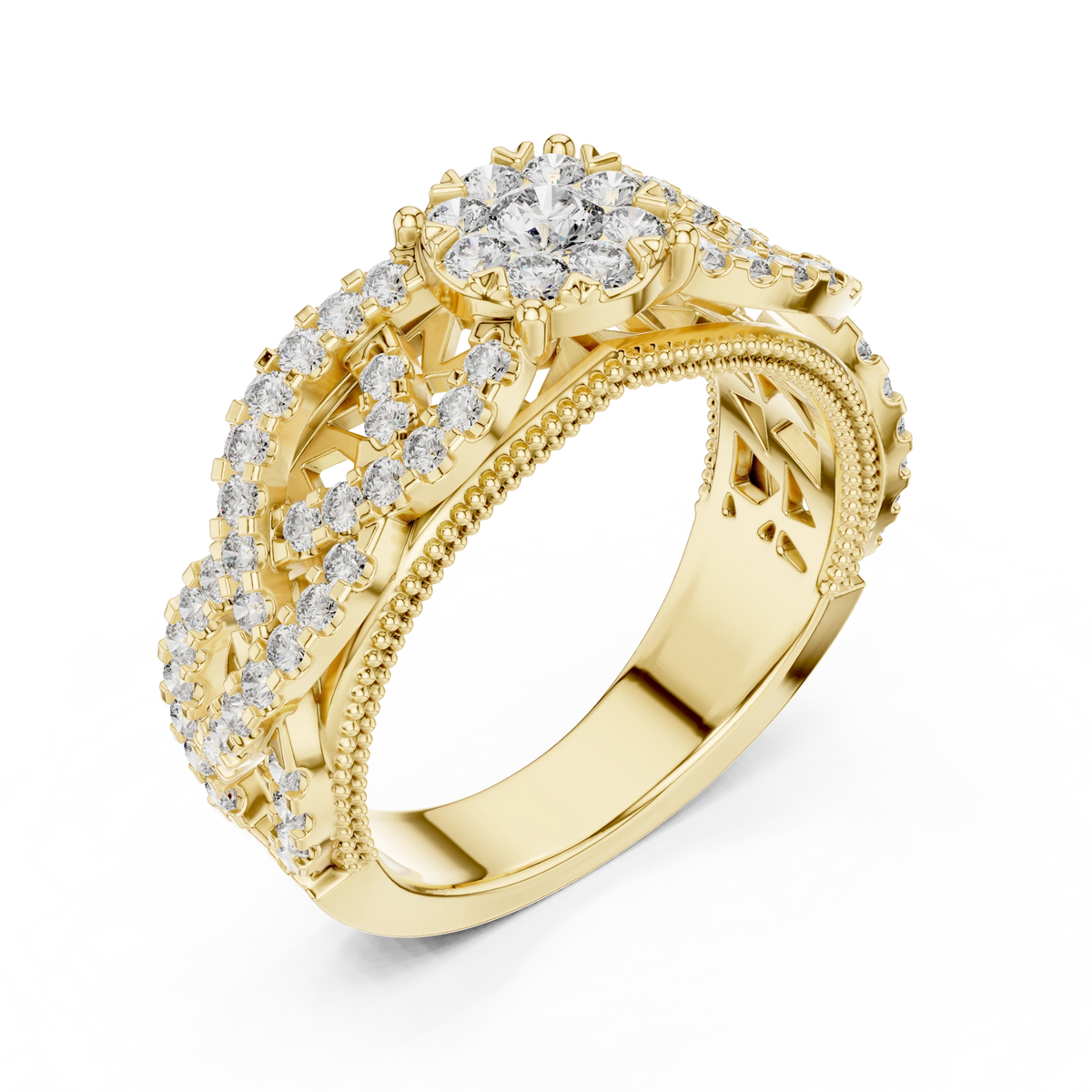 Wide Openwork Lattice Cluster Moissanite Ring in yellow 925 sterling silver, view 2