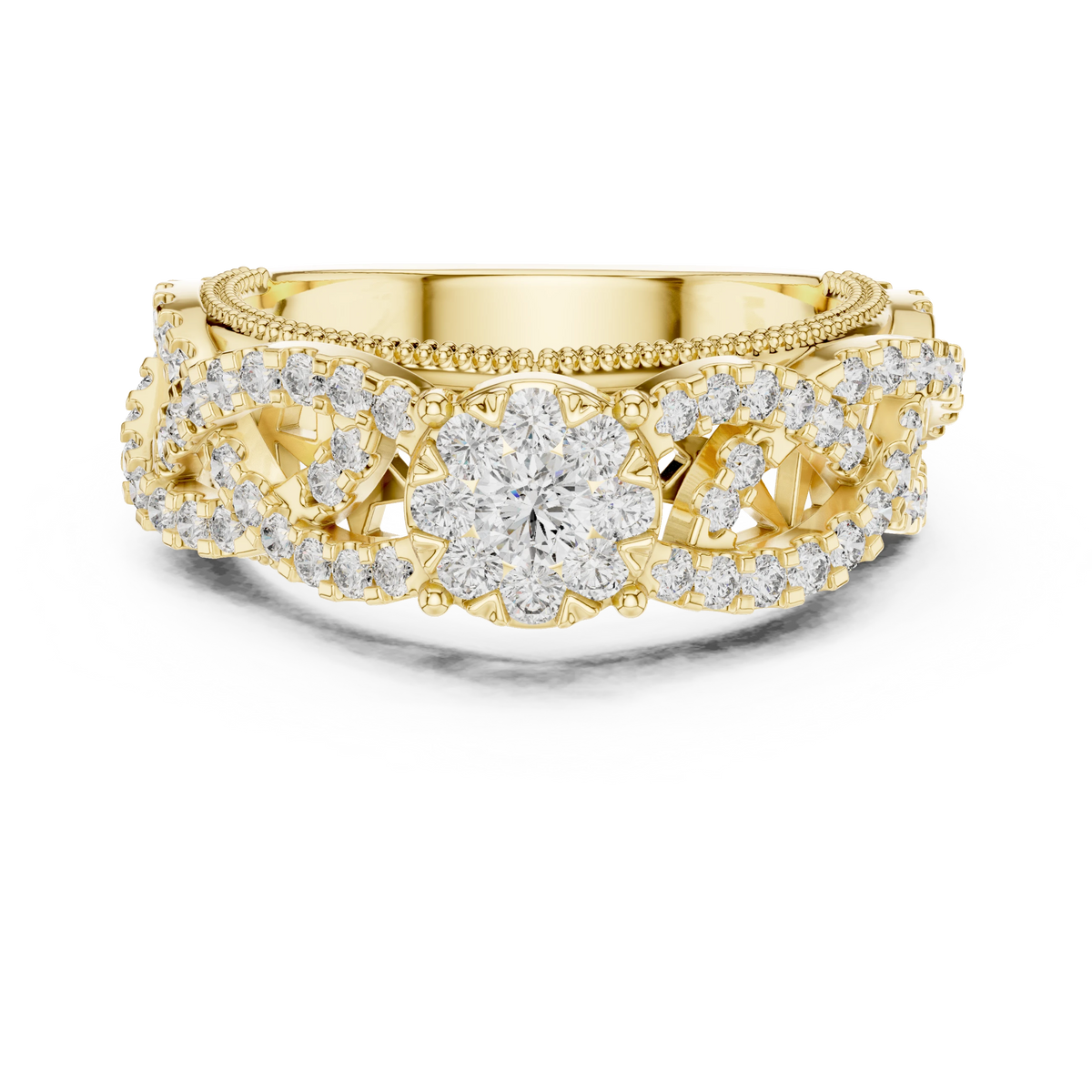 Wide Openwork Lattice Cluster Moissanite Ring in yellow 925 sterling silver, view 4