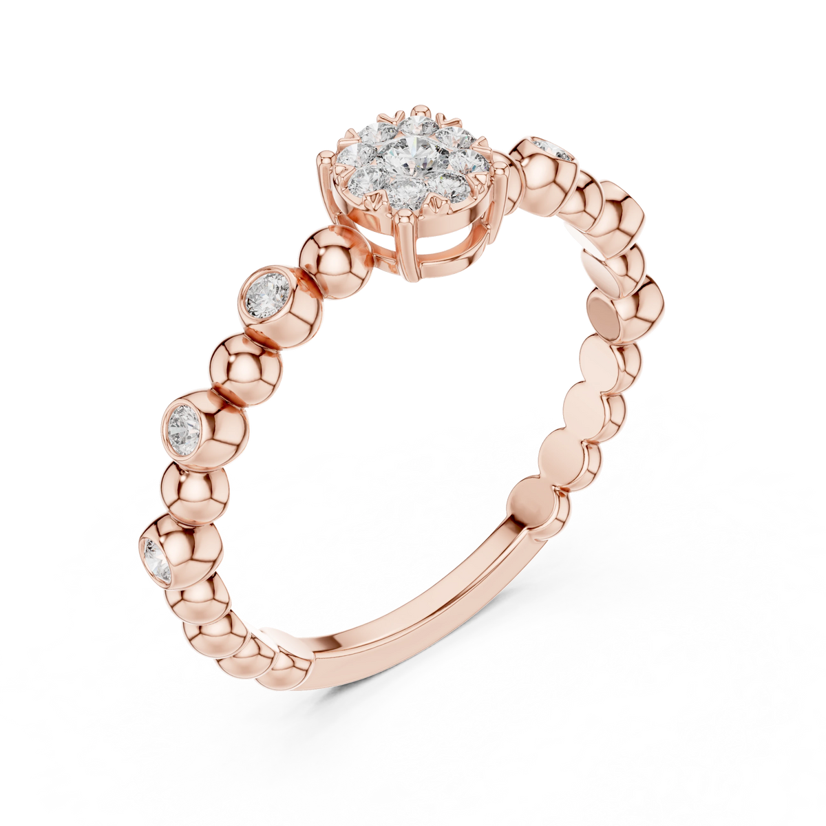 Beaded Band Petite Cluster Moissanite Ring in rose 925 sterling silver, view 2