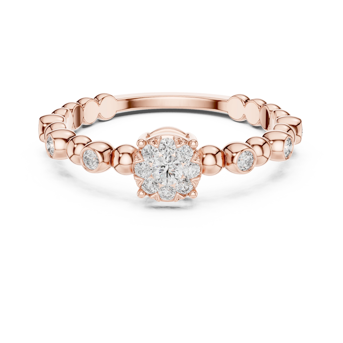 Beaded Band Petite Cluster Moissanite Ring in rose 925 sterling silver, view 4