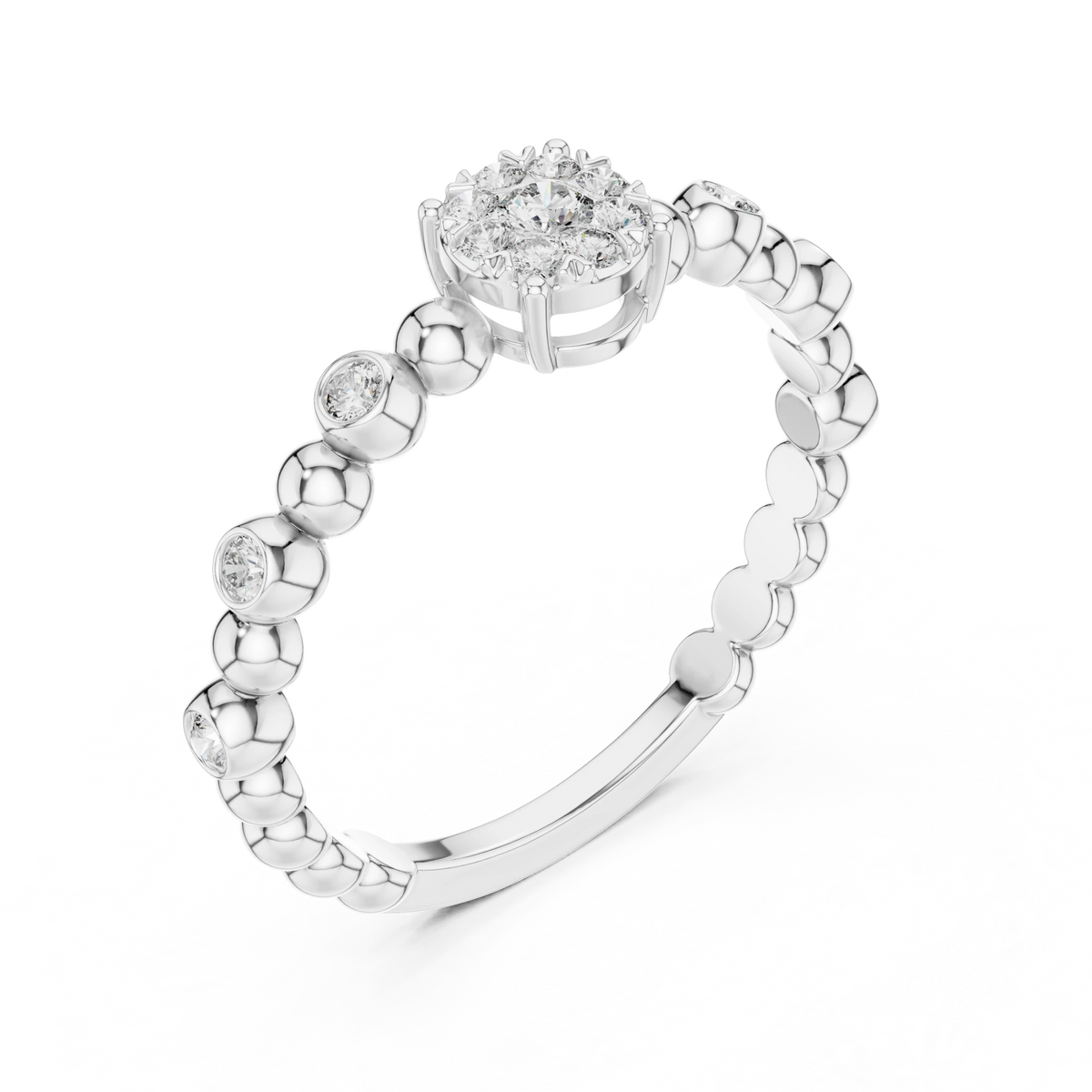 Beaded Band Petite Cluster Moissanite Ring in white 925 sterling silver, view 2