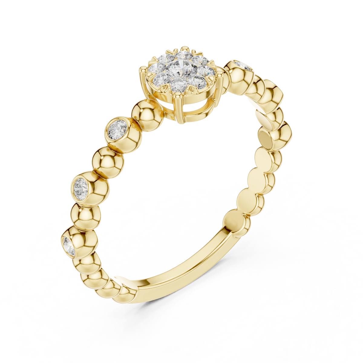 Beaded Band Petite Cluster Moissanite Ring in yellow 925 sterling silver, view 2