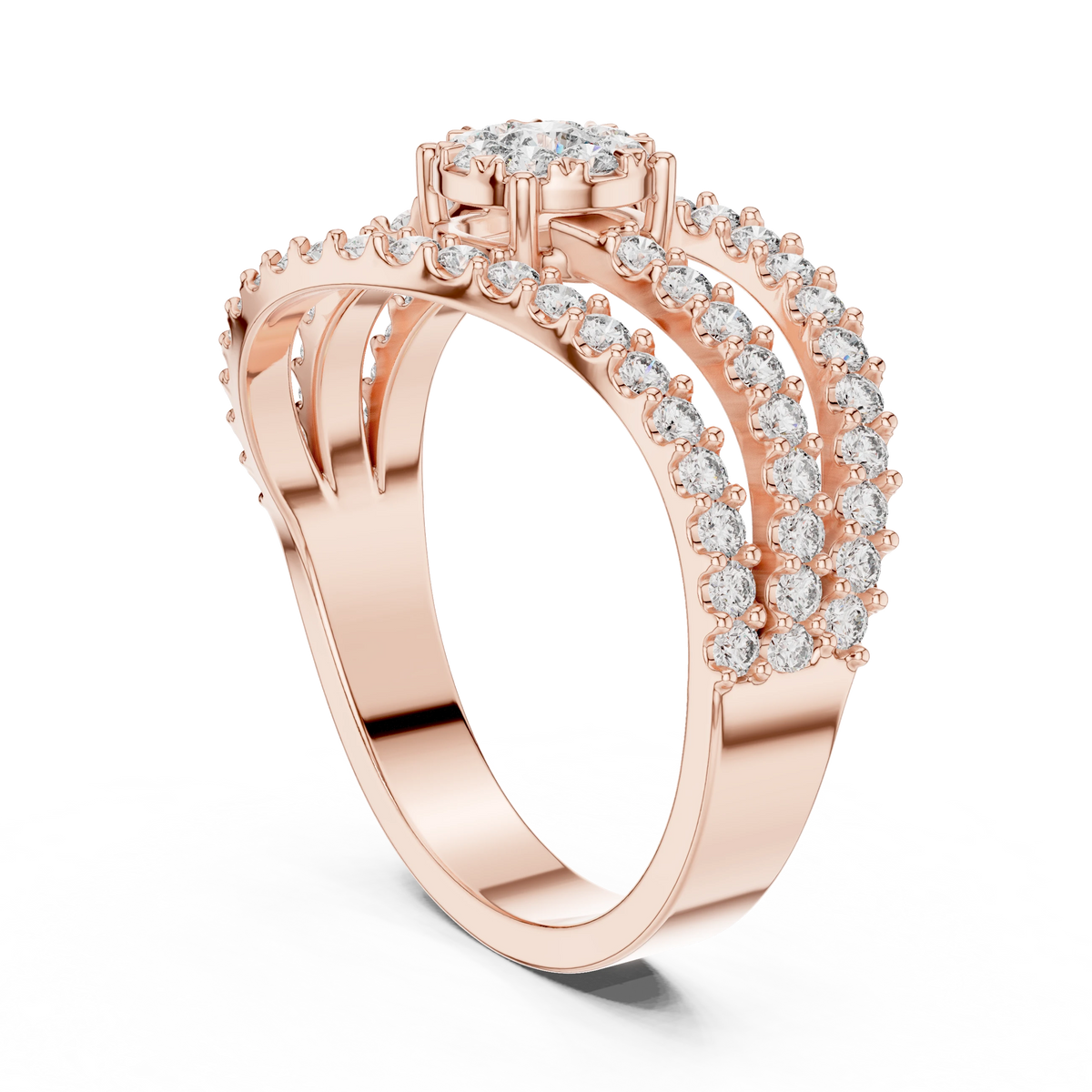 Wavy Three Row Cluster Moissanite Ring in rose 925 sterling silver, view 1