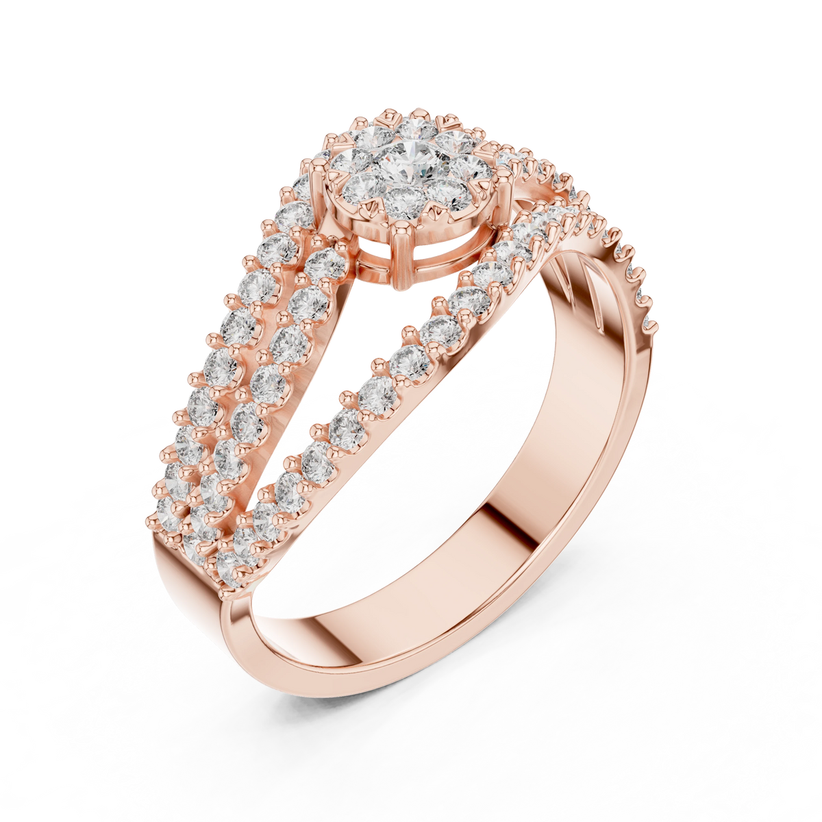 Wavy Three Row Cluster Moissanite Ring in rose 925 sterling silver, view 2