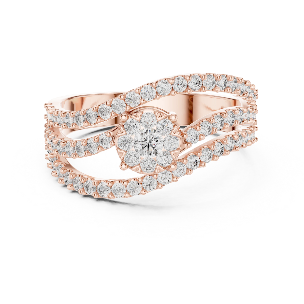Wavy Three Row Cluster Moissanite Ring in rose 925 sterling silver, view 4