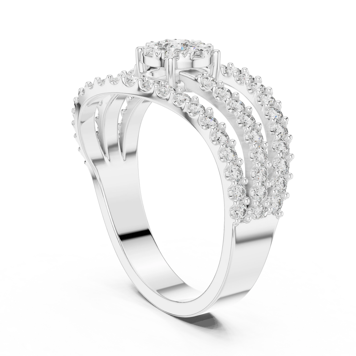Wavy Three Row Cluster Moissanite Ring in white 925 sterling silver, view 1